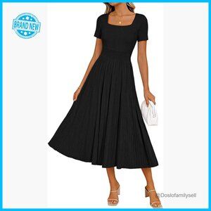 Elegant Pleated Midi Dress A-Line Square Neck Short Sleeve Business Casual Chic